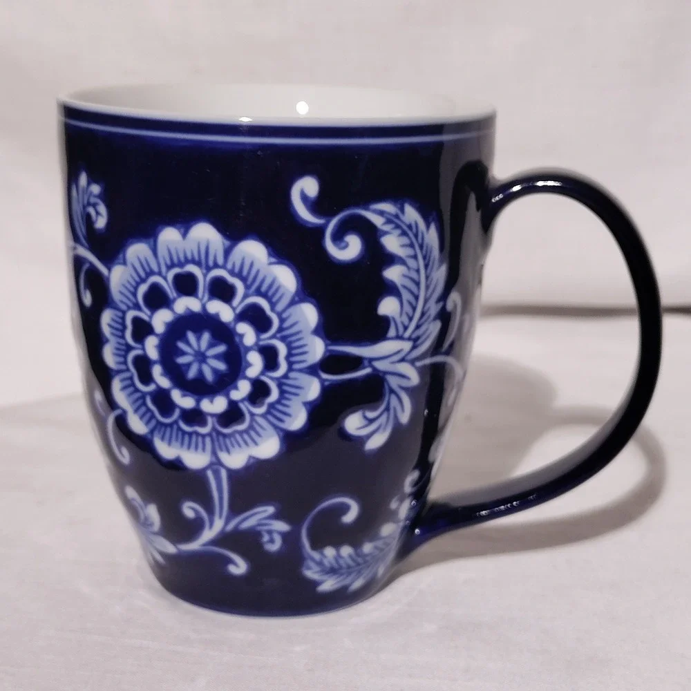 Pier 1 Mandarin Porcelain Coffee Mug Cobalt Blue White Floral